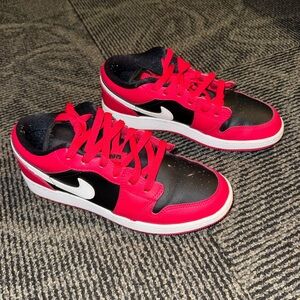Red, Black and white Jordans